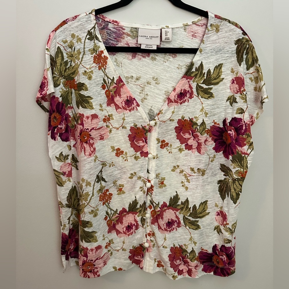 Laura Ashley Floral Shirt White Pink Large EUC